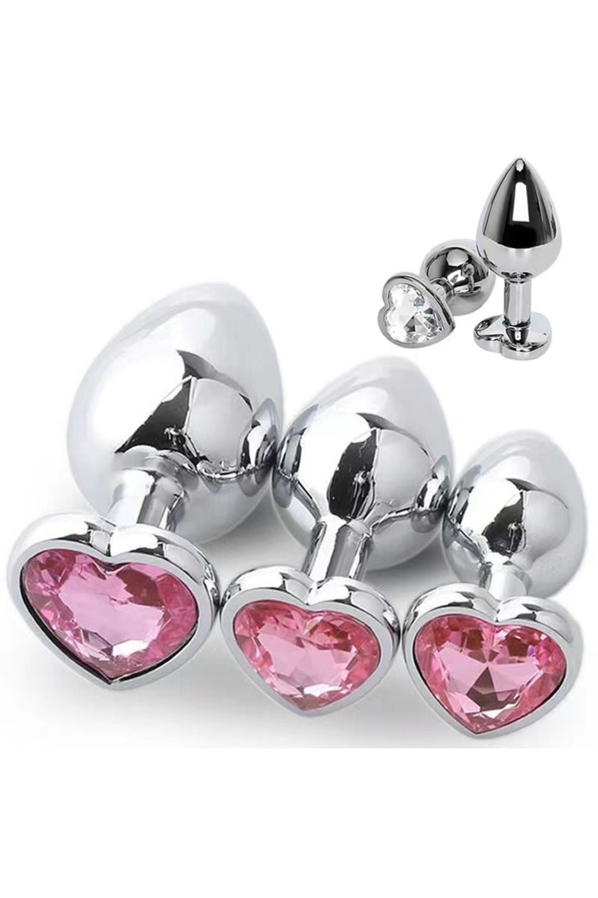 3'lü Set Anal Plug Metal Kalp Pırlanta Başlı Saklama Kılıflı