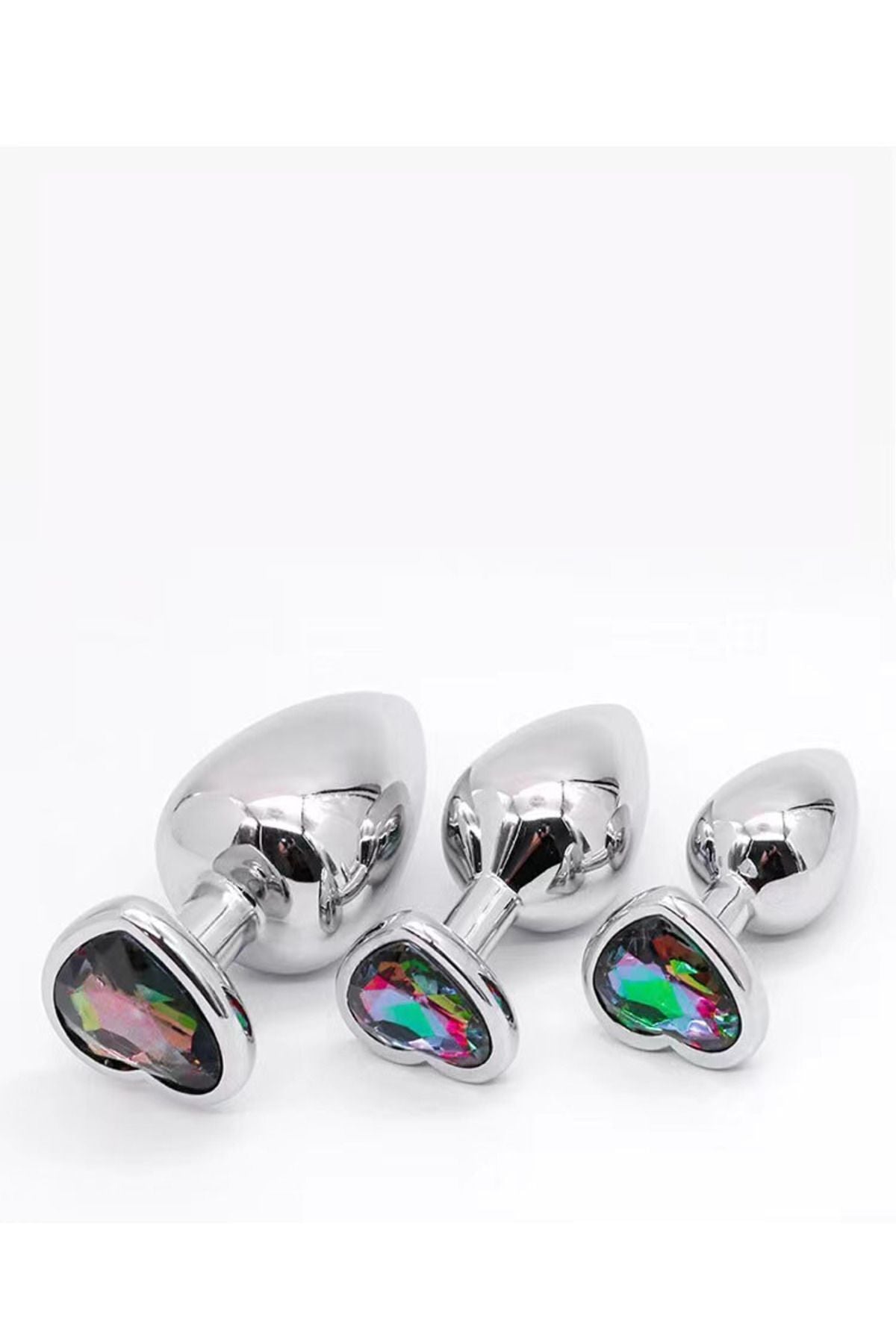 3'lü Set Anal Plug Metal Kalp Pırlanta Başlı Saklama Kılıflı