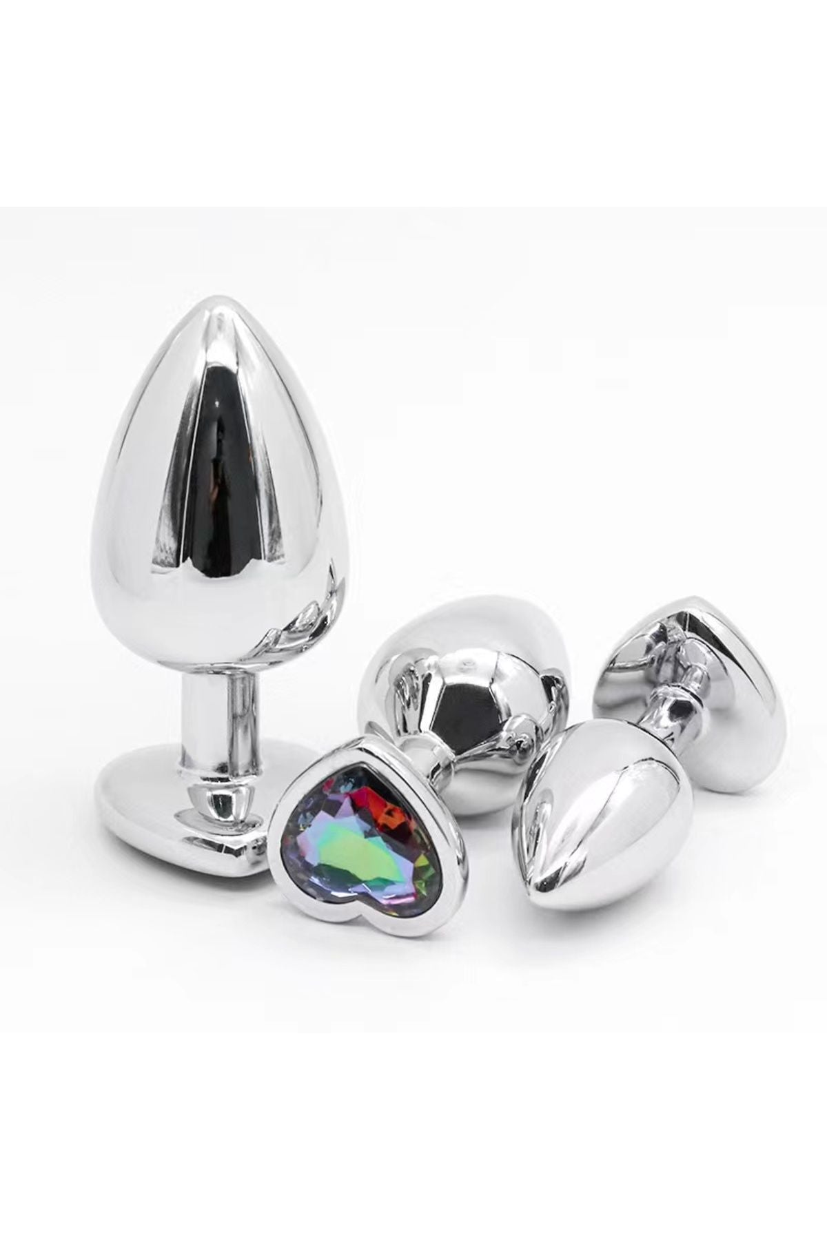 3'lü Set Anal Plug Metal Kalp Pırlanta Başlı Saklama Kılıflı