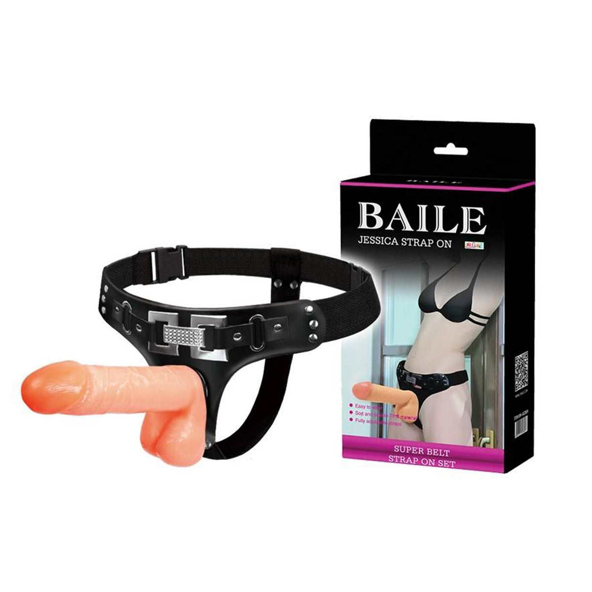 Baile Jessica Ayarlanabilir Siyah Strap-On Kemer Seti – Çıkarılabilir Su Geçirmez Skrotumlu Dildo 18,2 cm