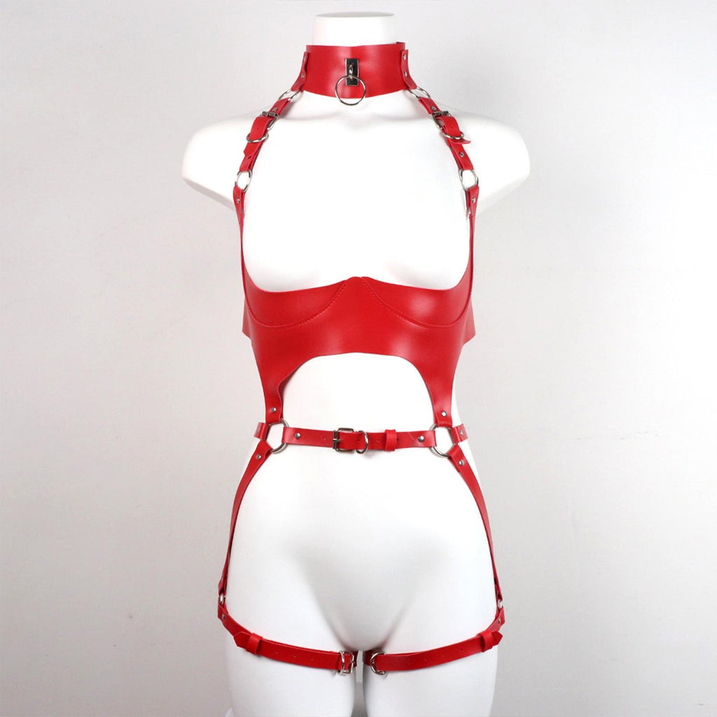 Kırmızı Deri Tam Vücut Harness Takımı