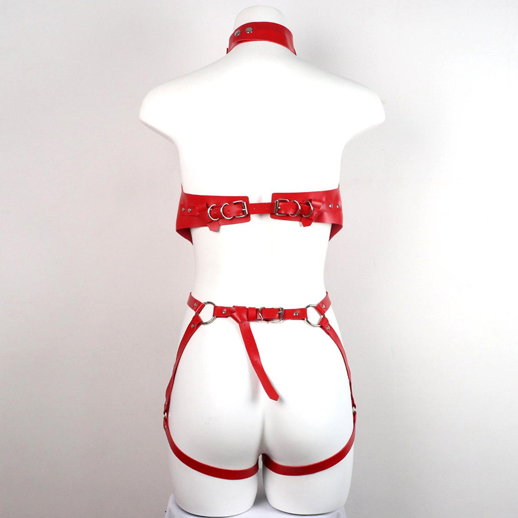 Kırmızı Deri Tam Vücut Harness Takımı